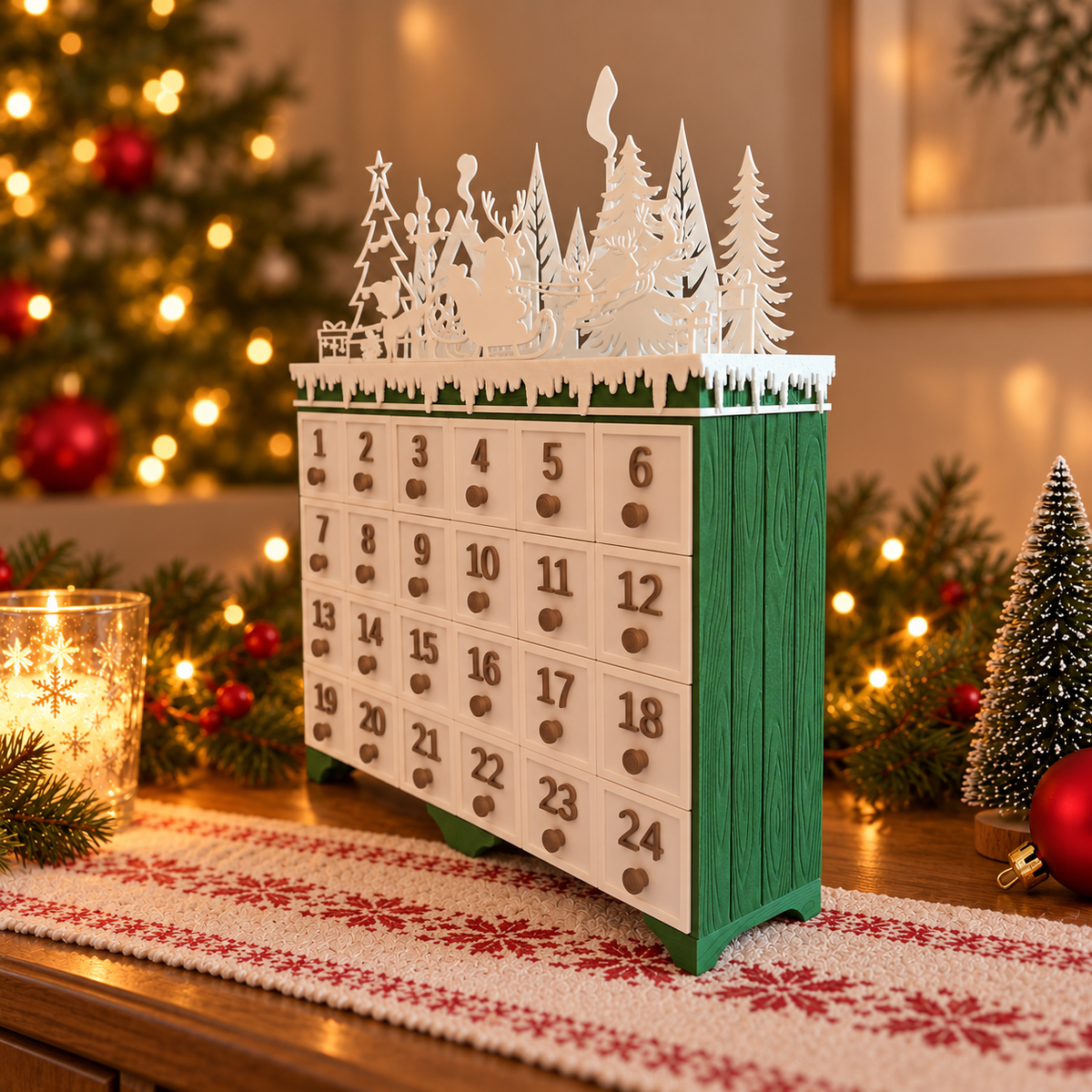 LAB16-CORRECT Green_Body_White_Drawers_Christmas_Village_Angled